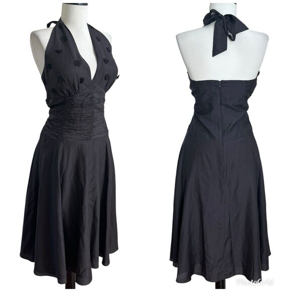 Vtg Decaprio Midi Halter Dress 12 Silk 3D Flower Fairy Whimsigoth Retro Pinup - Picture 1 of 13